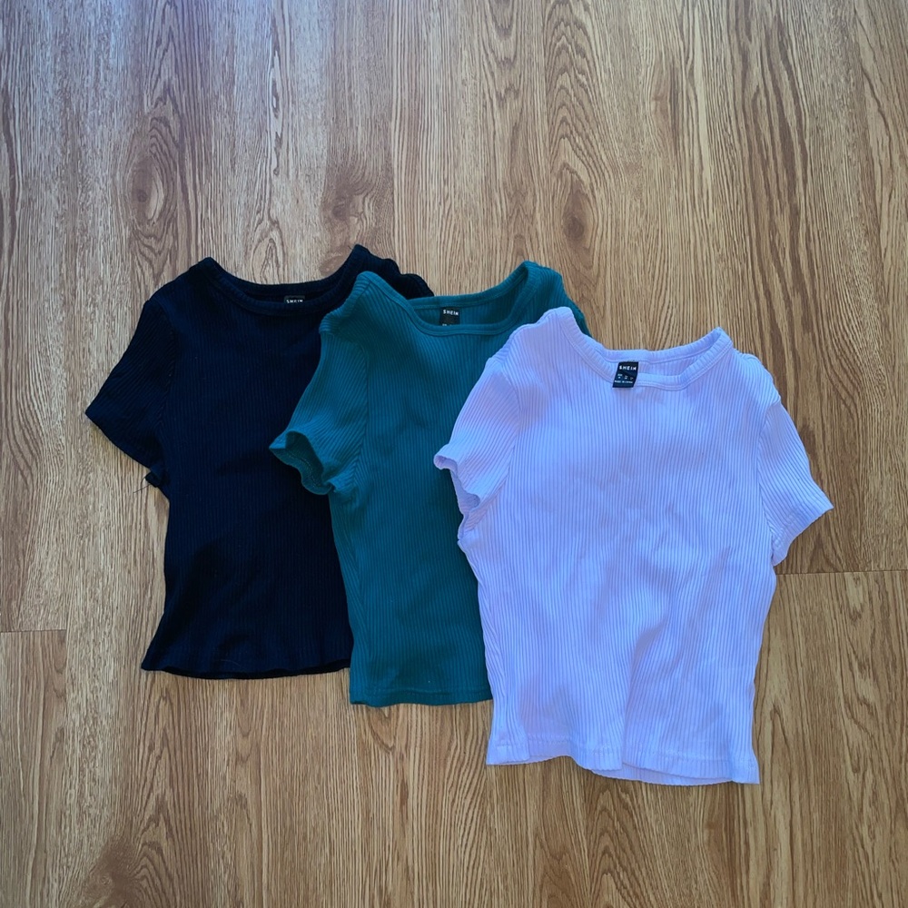 SHEIN Ribbed Basic Short Sleeve Tops in Black, Purple, and Green